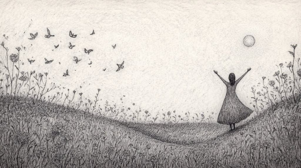 ai image: woman standing on a hill, arms raised to the sun and birds and butterflies, wildflowers. B&W drawing.