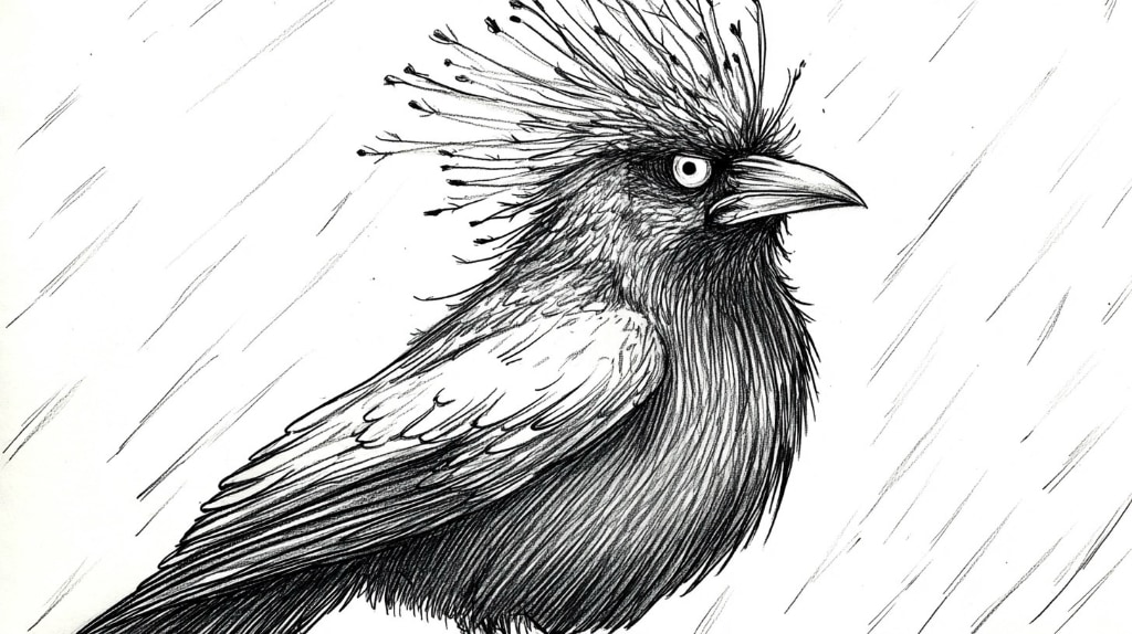 AI image. This black-and-white sketch depicts a crow-like bird with intricate feather detail, a striking crown of spiky feathers on its head, piercing eyes, and diagonal streaks in the background suggesting rain or motion.