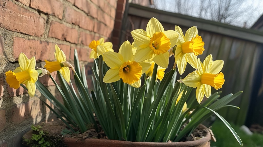 daffodils blooming in a pot, background a red brick wall and a wood fence.