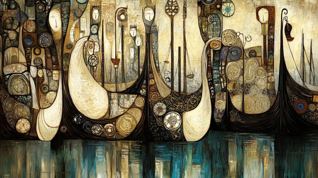 This AI artwork depicts a series of stylised Viking ships with intricate, otherworldly patterns and ghostly figures, reflected in a shimmering, abstract water surface.
