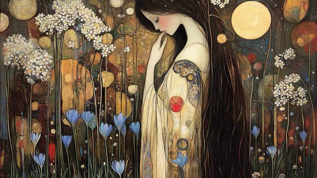 in the style of Klimt: woman in a gown surrounded by blue crocuses, white blossoms, daffodils and the sun