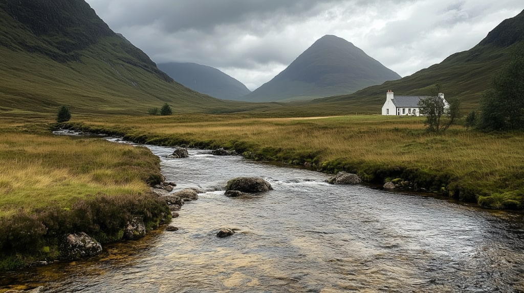 A tranquil Scottish Highland scene featuring a gentle stream winding through grassy moorland, with a solitary white cottage nestled in the distance beneath dramatic, cloud-covered mountains.