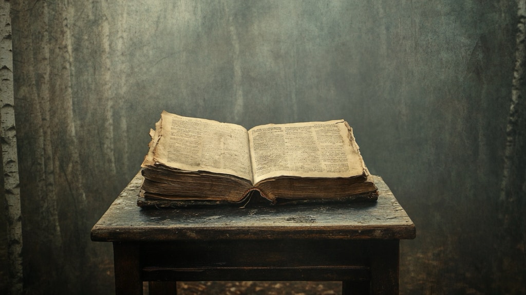 An old, worn book with yellowed pages lies open on a simple wooden stool against a blurred backdrop of a forest, creating a sense of quiet solitude and age.  The soft, diffused lighting highlights the texture of the book and the rustic setting.