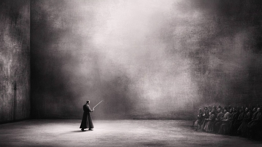 An AI-generated image depicting a theatrical scene. An actor stands on a brightly lit stage, his back turned to the viewer, creating a sense of mystery and focus on the dramatic lighting and setting.