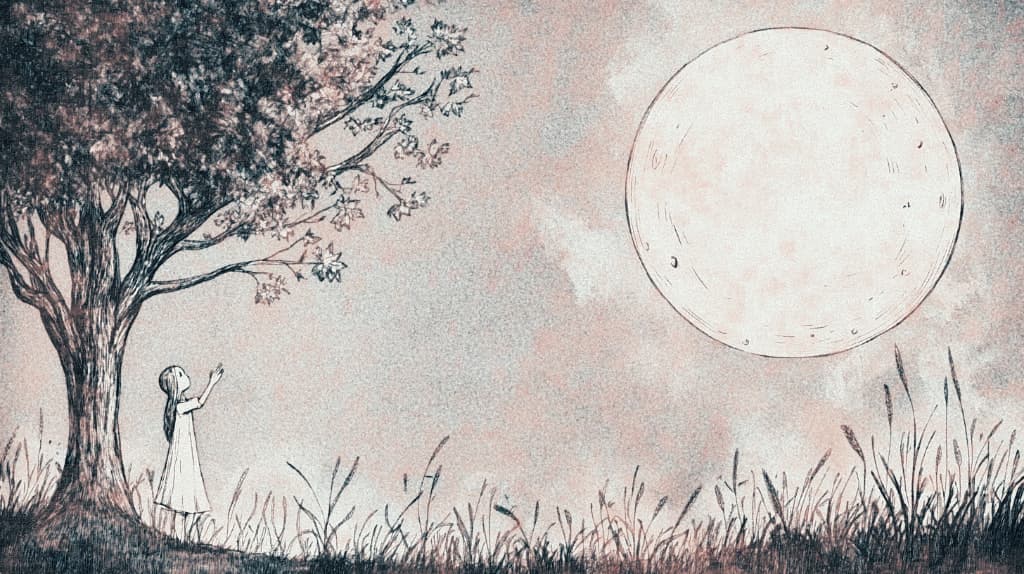 A small figure in a light dress stands with outstretched arms before a large, softly textured moon, framed by a silhouetted tree on one side and tall grasses on the other, all rendered in muted, grainy tones.