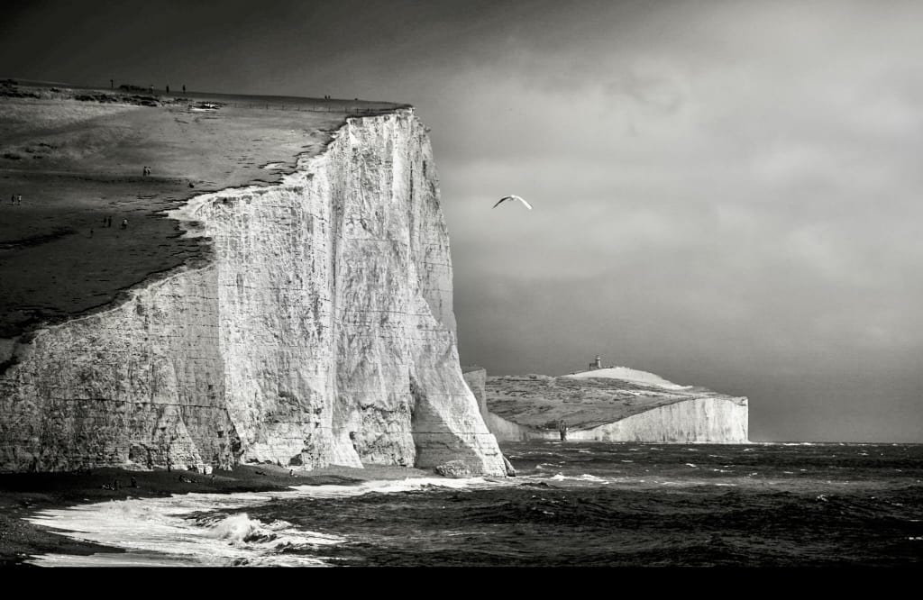 B&W photo of Beachy Head chalk cliffs in Sussex UK