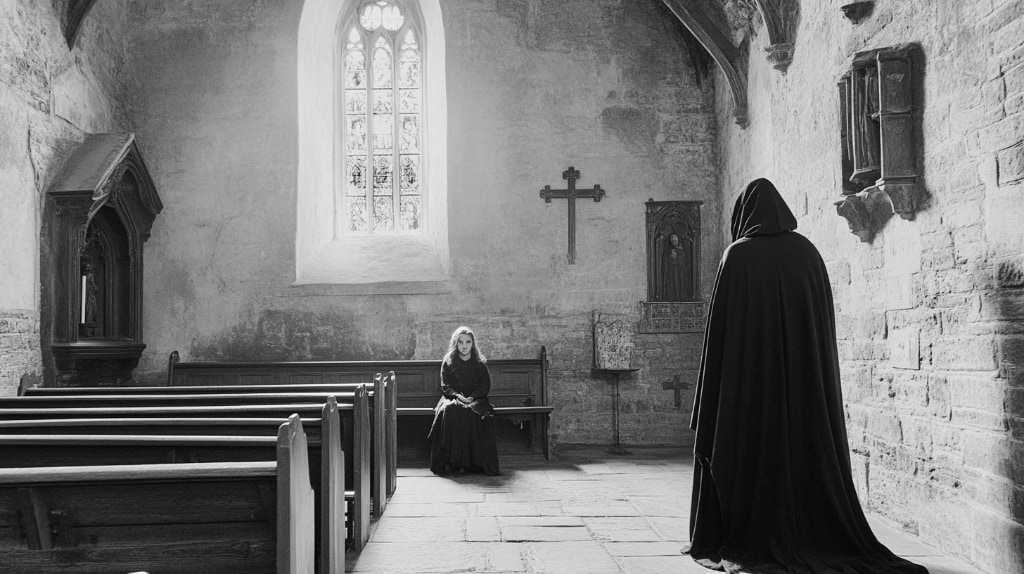 ai art: chapel with woman sitting in a pew looking at a man in a dark long cloak