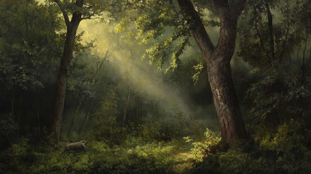 a bright green forest with sunshine piercing the air.