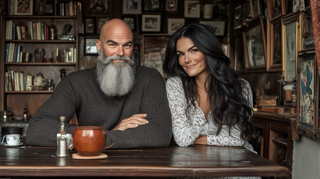 A cozy scene of a bald man with a long grey beard and a woman with long dark hair, both smiling warmly while sitting at a wooden table in a room filled with books and framed art. 