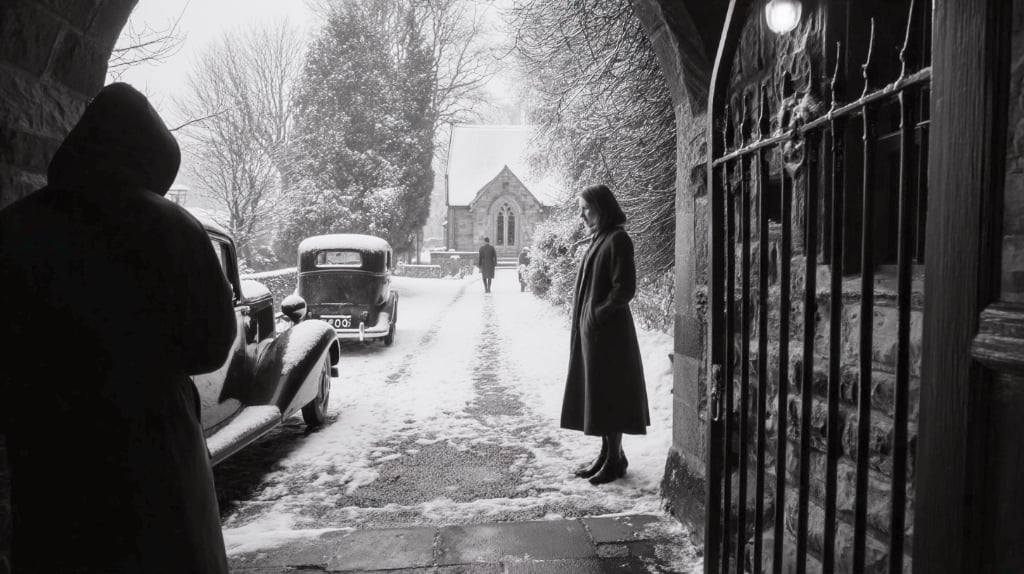 ai art: snowy scene, church in the background, iron gates in the foreground, old fashioned cars approx 1940s. woman standing alone looking into distance. Figure in hooded coat with back to camera, watching the woman.