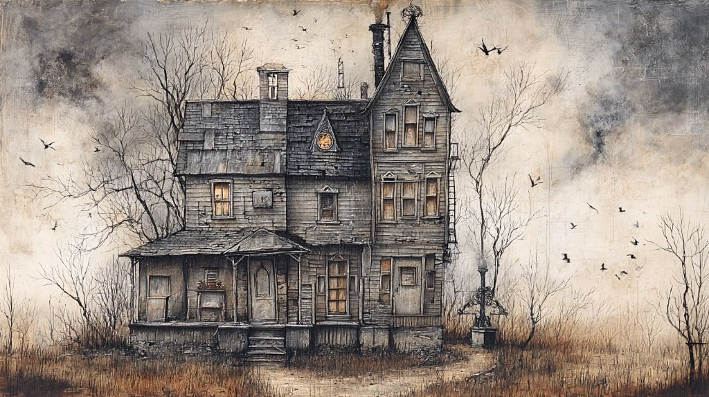 ai art. haunted house in grey tones and brown, tan and white.