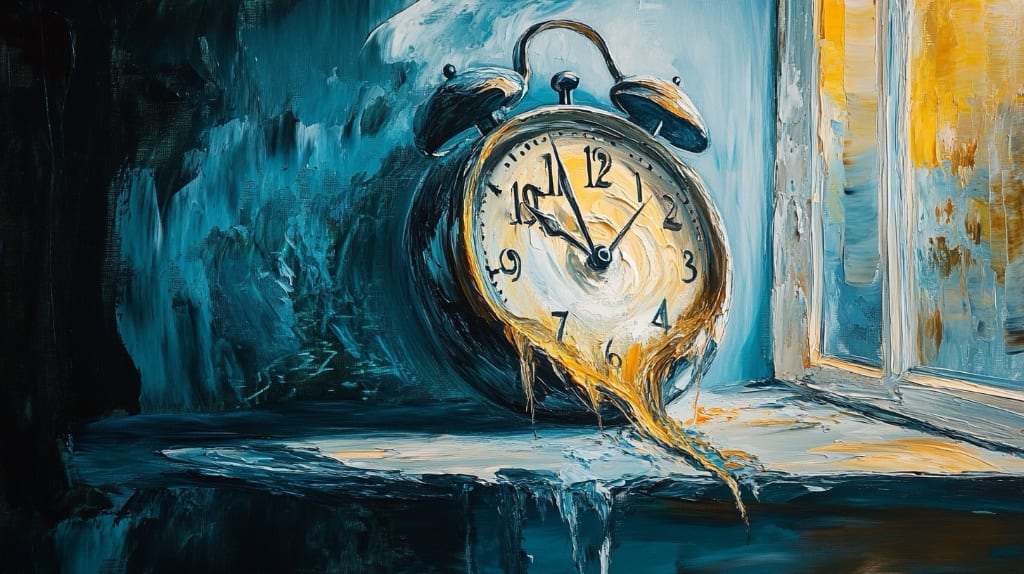 ai art. Melting time on a windowsill tones of blues and yellow.