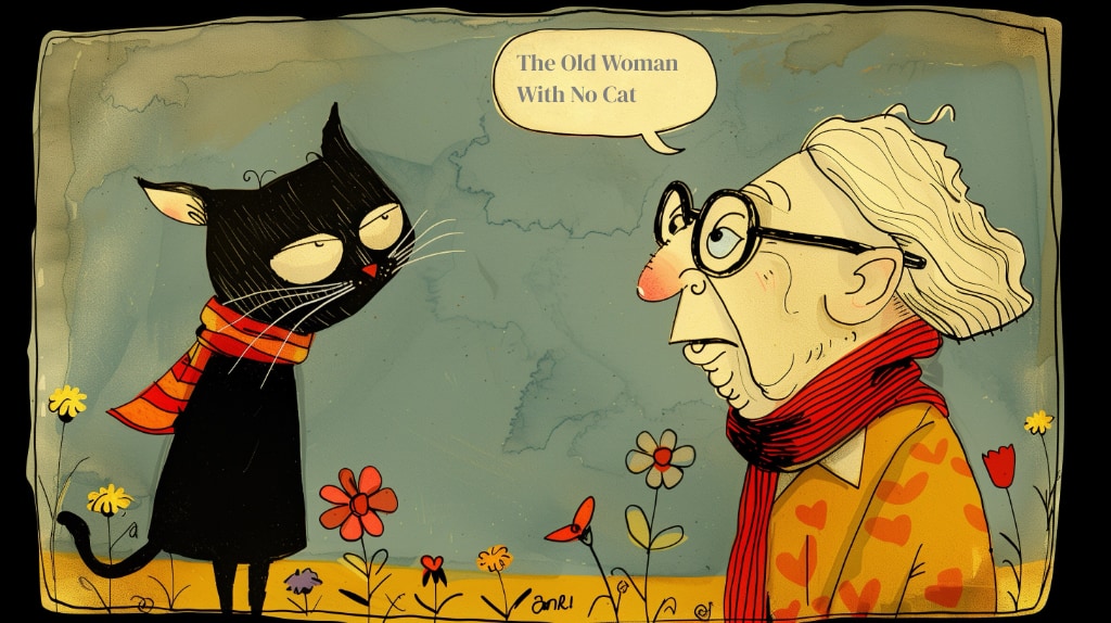 ai art. black cat speaking with an old woman with speech bubble reading "The Old Woman With No Cat"