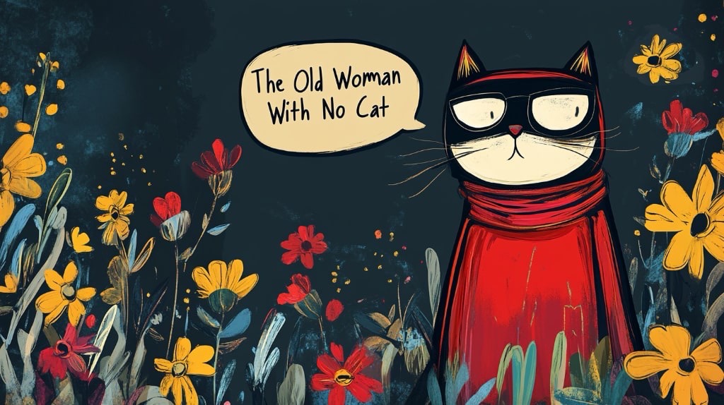 ai art. cat wearing an eye mask as disguised car burglar standing in the garden at night with speech bubble reading "The Old Woman With No Cat"