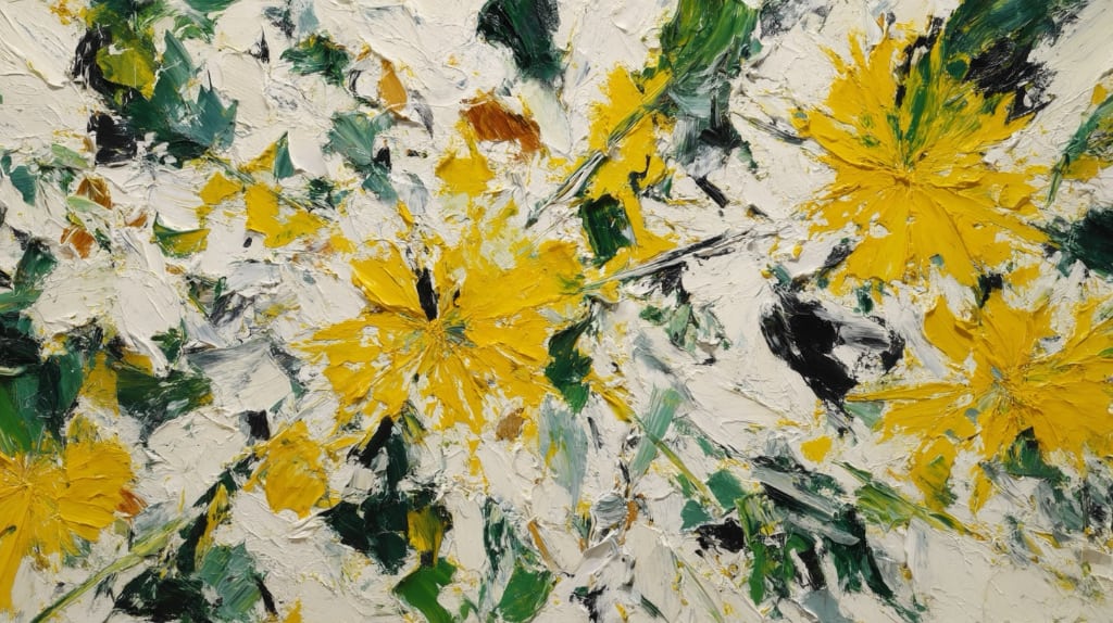 ai art, abstract expressionism yellow and green respresenting dandelions and leaves.
