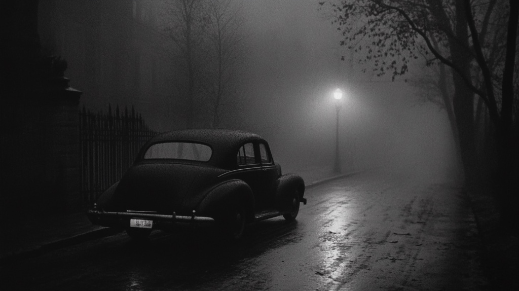 noir image black and white, taxi in foggy night, shadowy streetlights