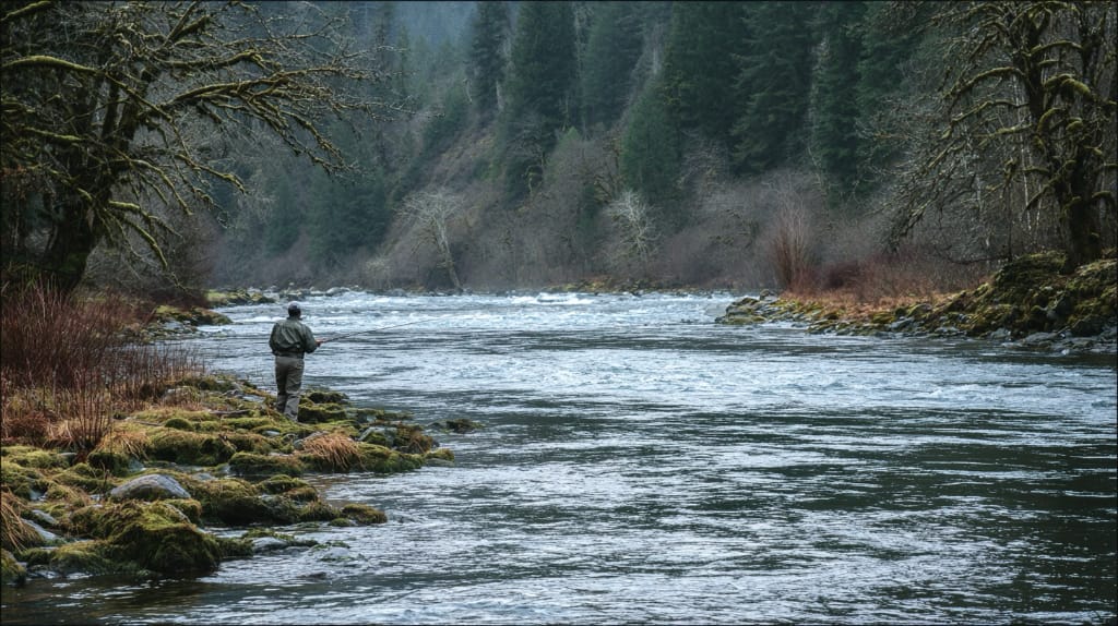 ai art: fisherman standing on the banks of a river, fishing pole in hand. Forest scene with mossy trees