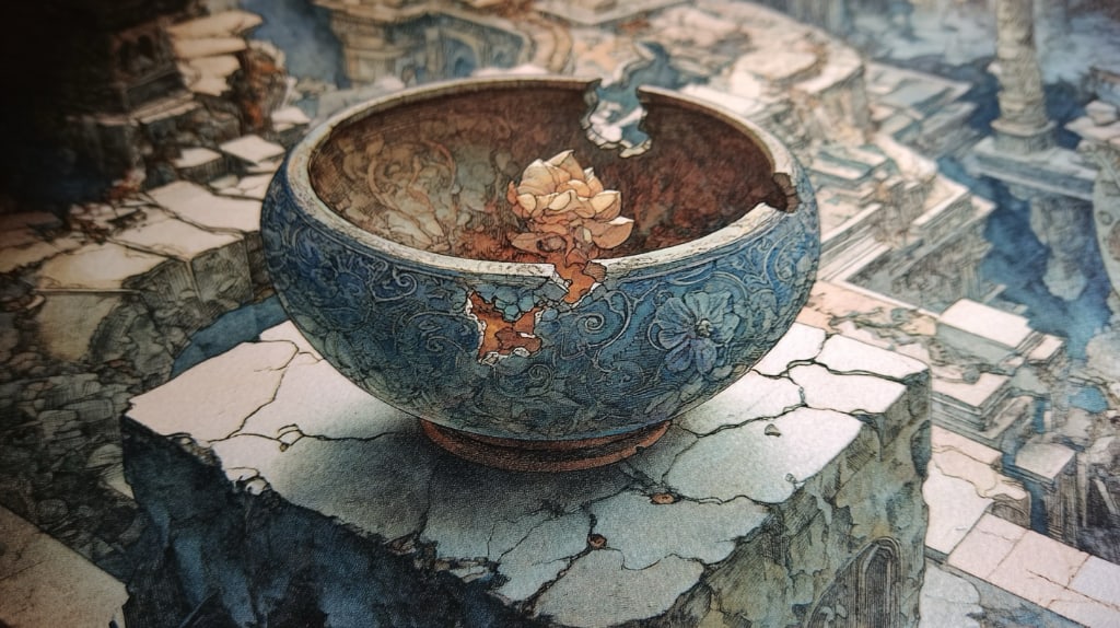 ai image. a cracked old bowl on the rocky plinth