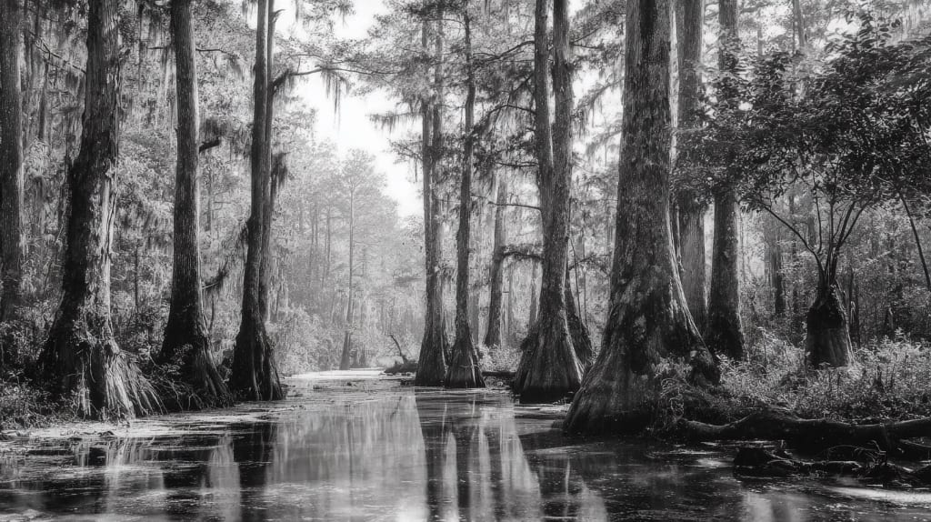 B&W photo of cypress swamp