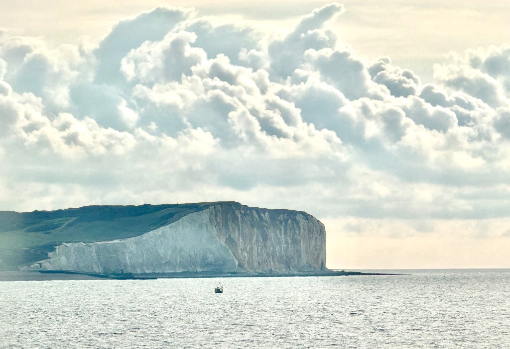 view of Seven Sisters and Beachy Head, aka White Cliffs of Dover, from the ferry heading to France.