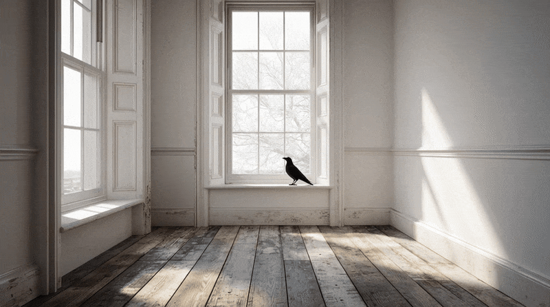 ai gif image: an empty flat with sash windows, and a large crow is sitting on the windowsill. 