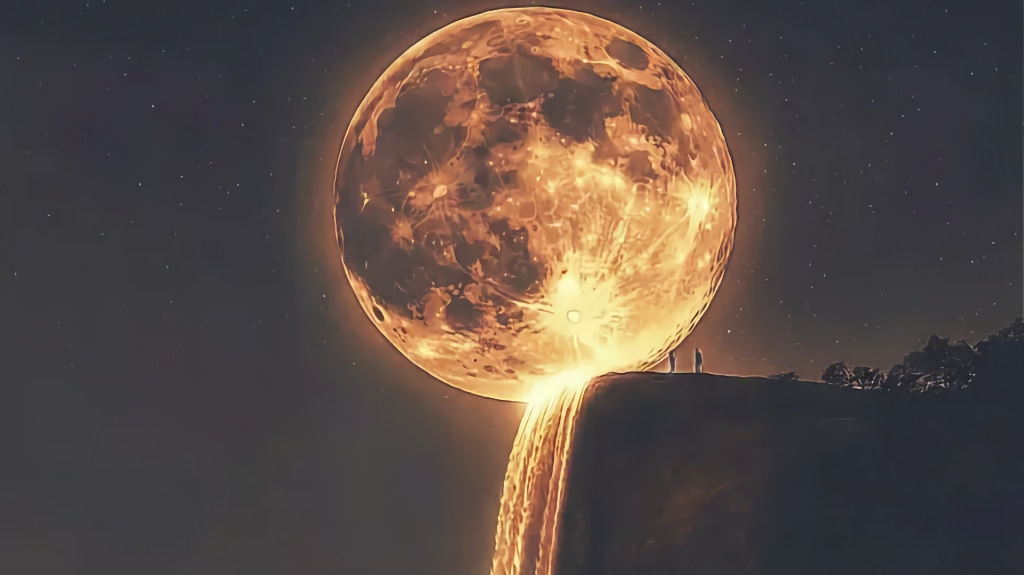 ai moonlight spilling out of the moon, over a cliff, two people standing below the moon