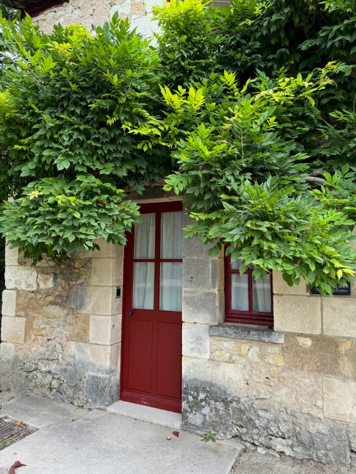 a red door on a stone cottage with vines growing around it like a frame.