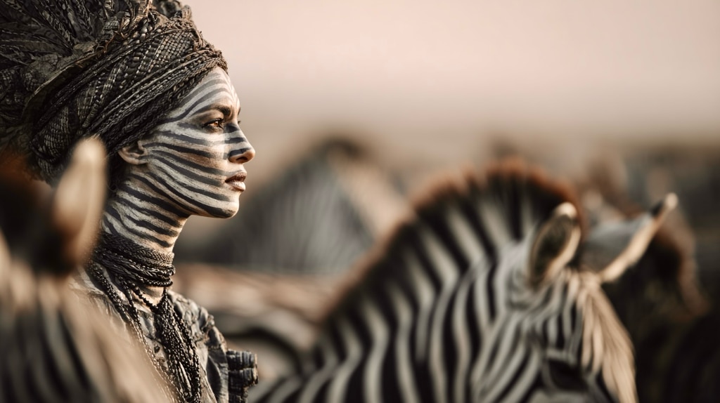 ai art: woman with zebra stripes painted on her face, standing in the midst of a herd of zebra