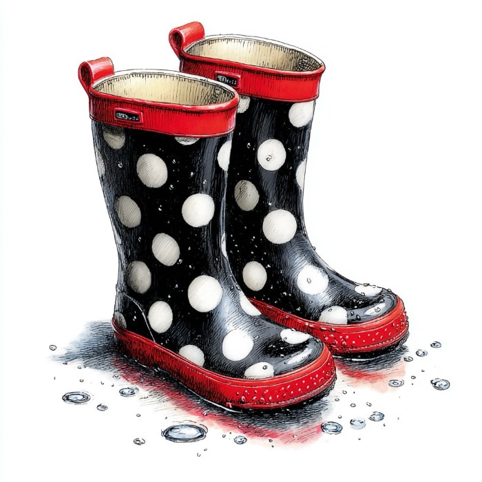 gummy boots. black with white poke-a-dots