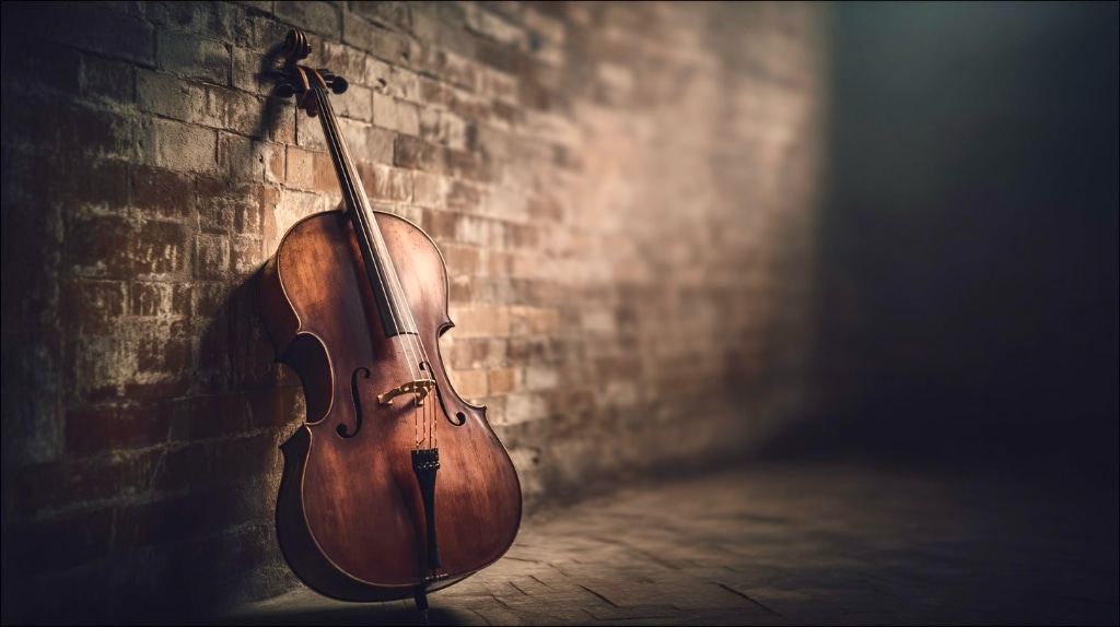 An old wooden cello leaning against a softly blurred brick wall, warm light falling from the left and casting a faint shadow to the right.