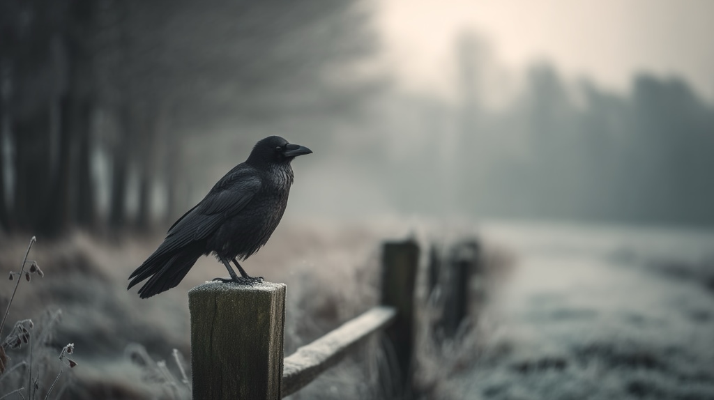 A crow perches on a frosted fence post along a quiet winter path.