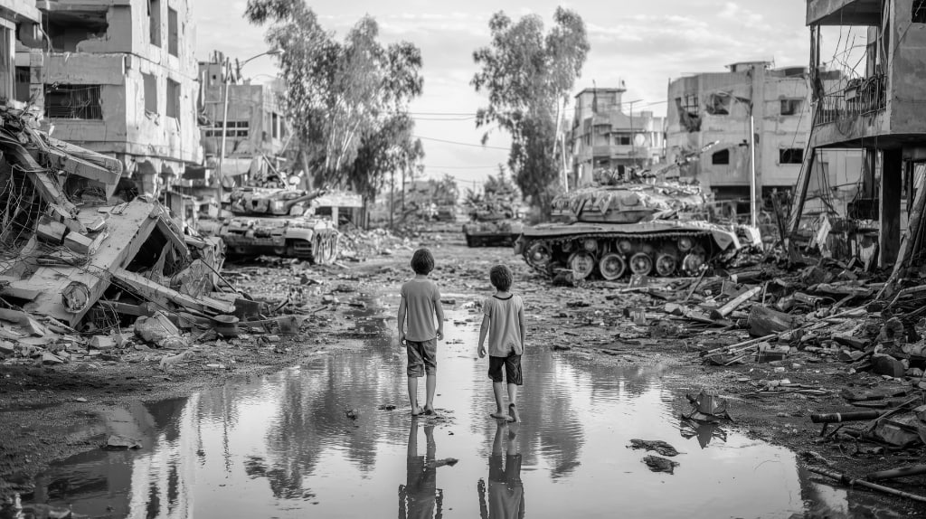 ai children standing in puddle, debris and rubble everywhere.