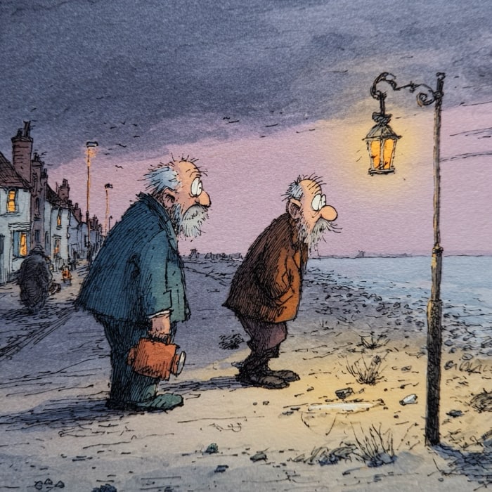 two old men watching the sunset over the ocean