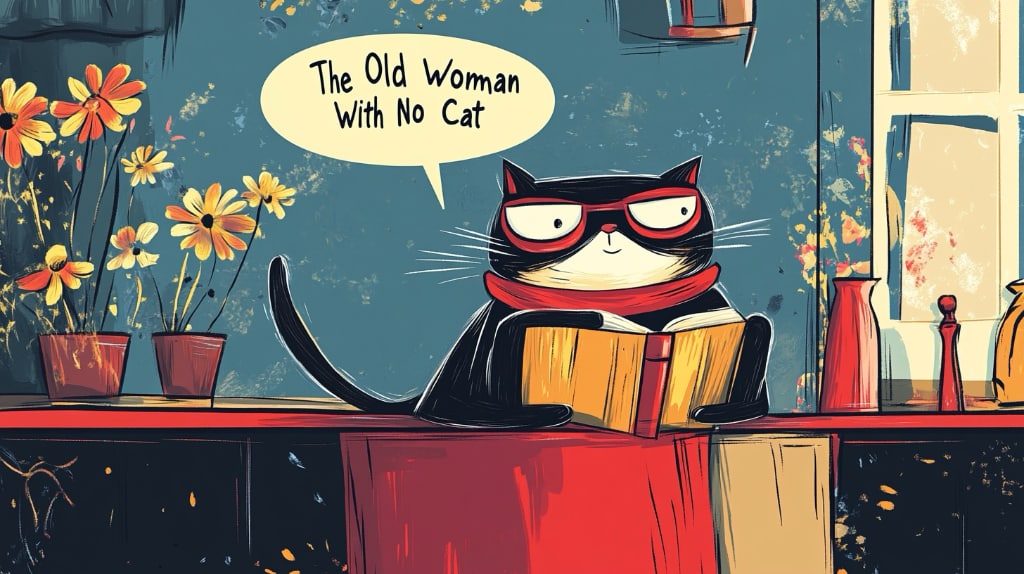 old woman no cat with cat reading a book