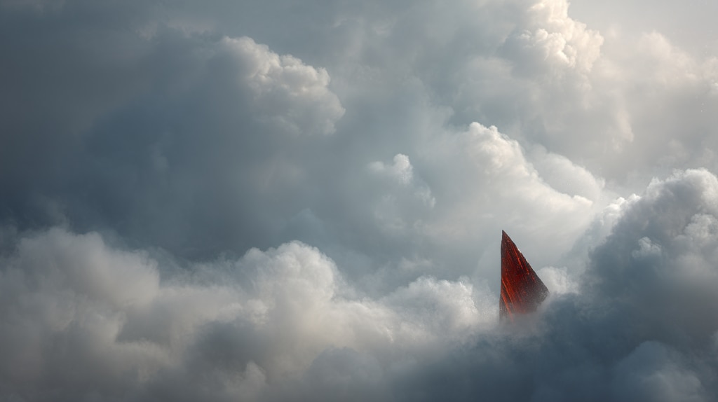 A sharp red shard rising through billowing white clouds, sunlight glinting on its surface; a wound turned to light.