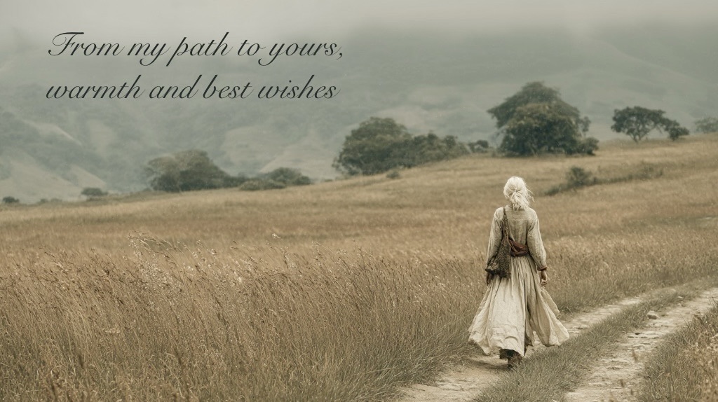 woman, white hair tied back, wearing dress billowing with her stride, walking on dirt track in the Colombian  countryside.