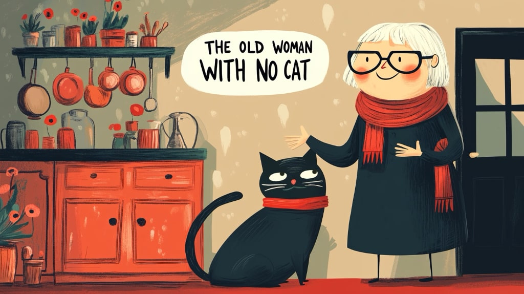 cartoon the old woman and a cat in the kitchen