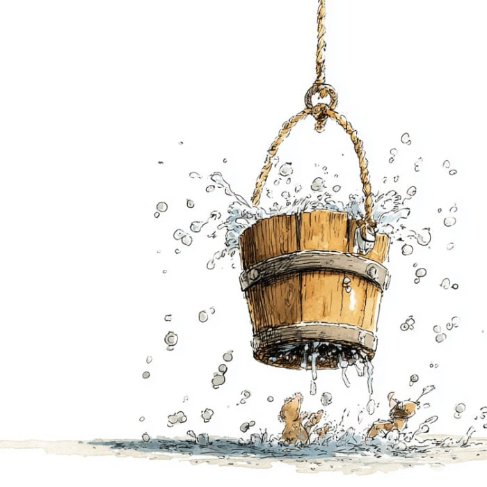ai cartoon of a wooden bucket splashing with water