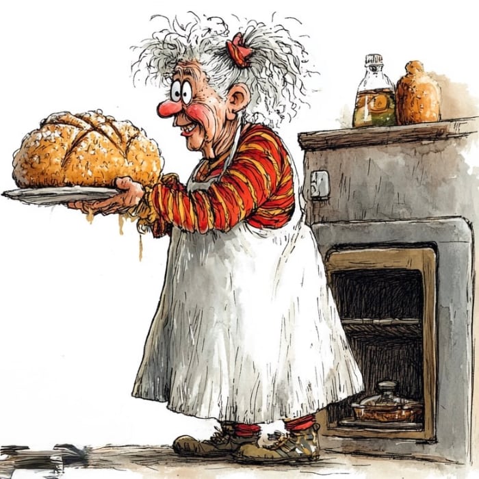 cartoon ai old woman taking a loaf of bread from the oven