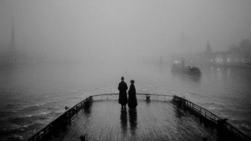 B&W image of a couple standing on the deck of of a French paddle-wheel on the Rhone River
