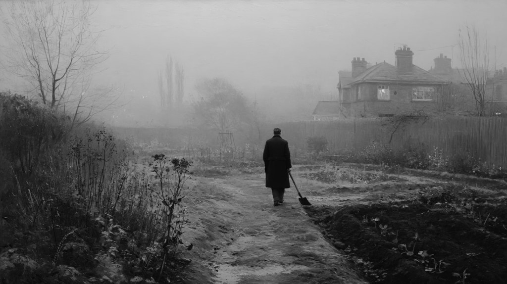 B&W image of man standing with shovel in his hand with holes dug all over the garden