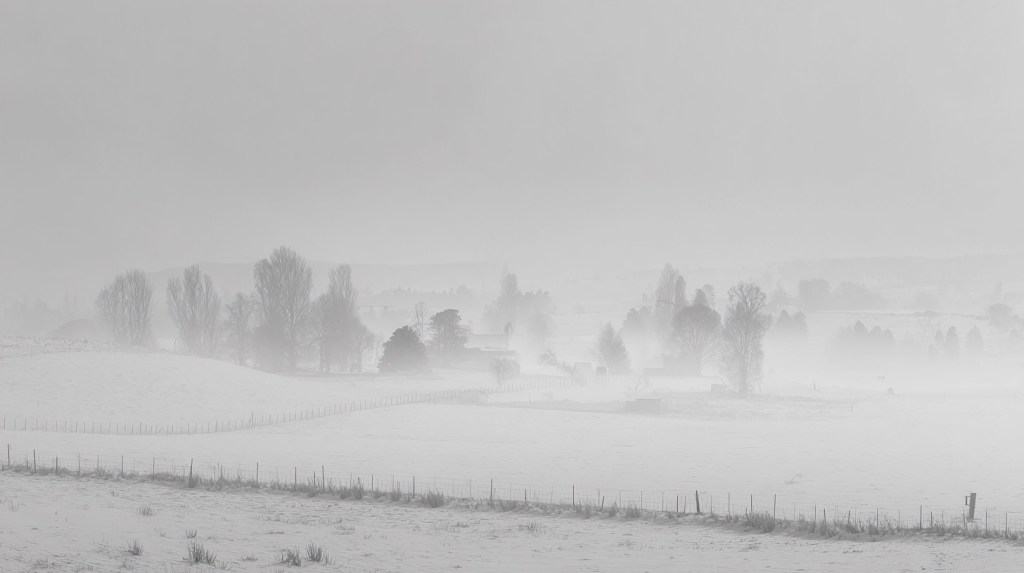 B&W wintery scene with trees in the background