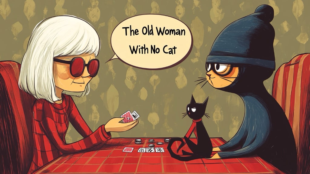 cartoon old woman playing poker with a cat