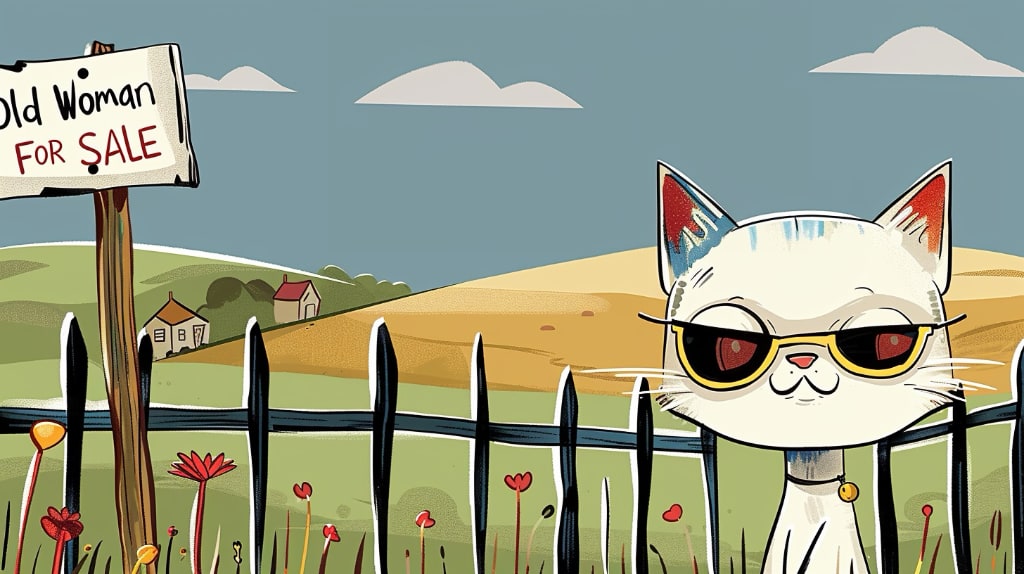 cartoon cat standing next to For Sale sign