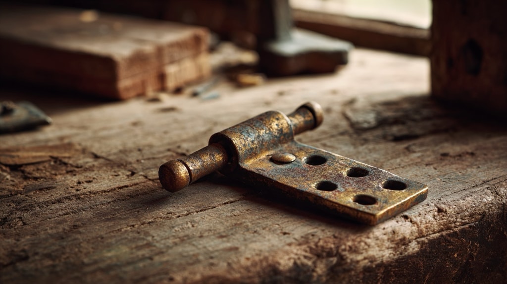 ai art: a rusty brass hinge on a wooden table.
