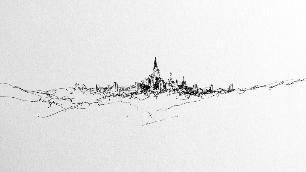 single line drawing of the outline of Lyon France B&W ink on paper