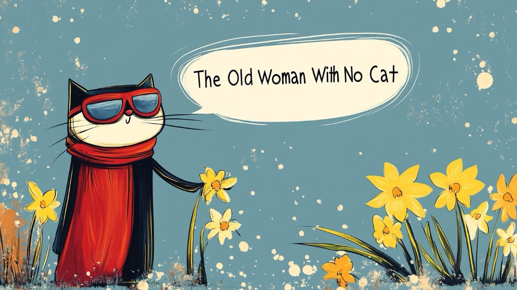 cartoon image of cat holding daffodils