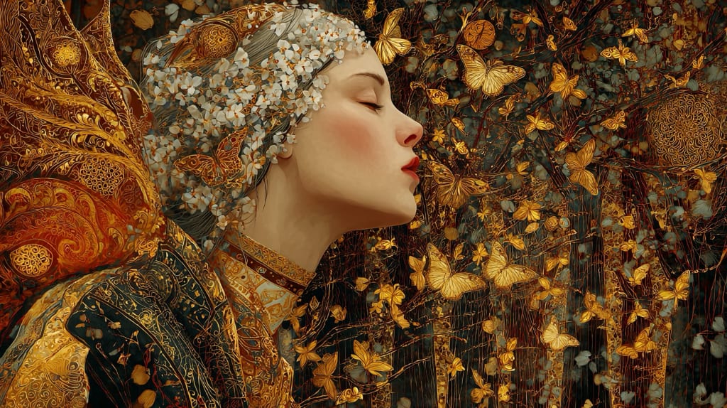 ostara woman surrounded by gold butterflies