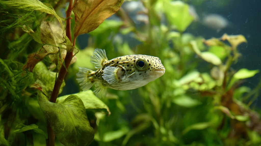 puffer fish swimming in tank with green plants