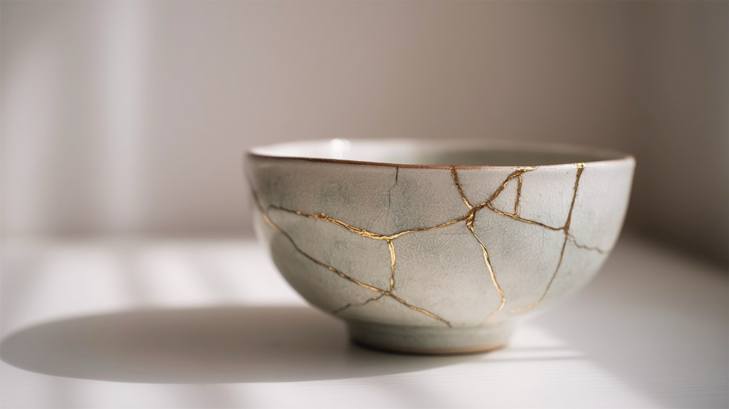 monochrome image of bowl mended using Kintsugi method